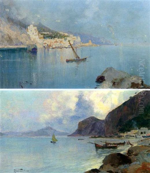 Fishing Boats In The Bay Of Naples (+ A Fishing Boat Near A Neapolitan Port; 2 Works) Oil Painting by Oscar Ricciardi