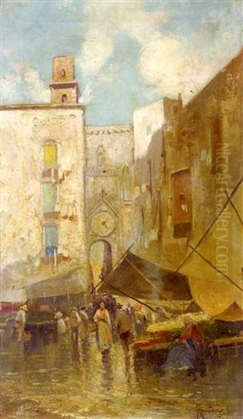 An Italian Market Oil Painting by Oscar Ricciardi