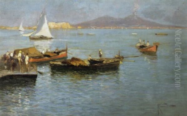 A View Of The Bay Of Naples Oil Painting by Oscar Ricciardi