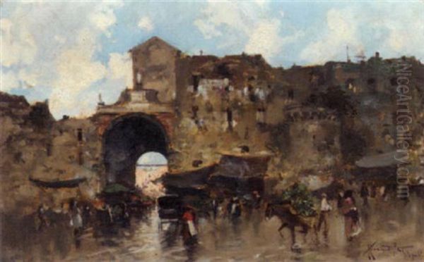 Market Scene, Naples Oil Painting by Oscar Ricciardi