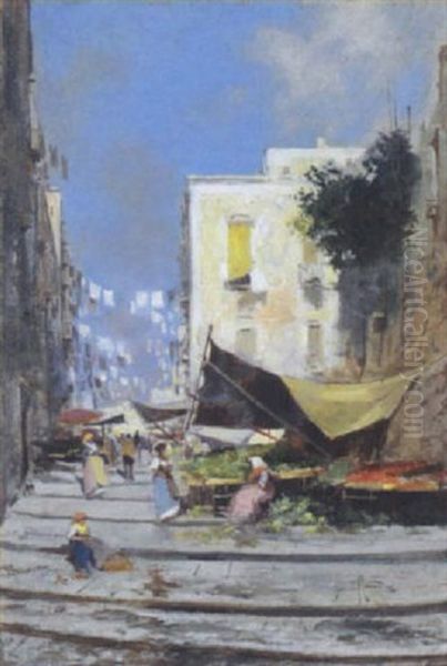 Napoli, Mercatino Sulla Scalinata Oil Painting by Oscar Ricciardi