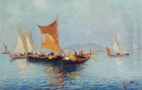 Fishing Boats In The Bay Of Naples Oil Painting by Oscar Ricciardi