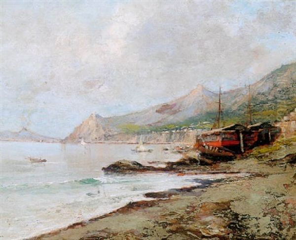 A Neapolitan Coastal Scene With Vesuvius Beyond Oil Painting by Oscar Ricciardi