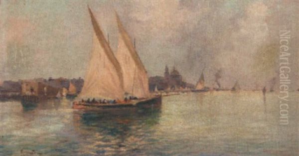 A Sailboat Entering The Lagoon, Venice Oil Painting by Oscar Ricciardi