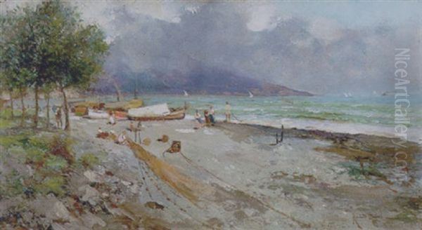 Majori, Spiaggia Con Pescatori Oil Painting by Oscar Ricciardi