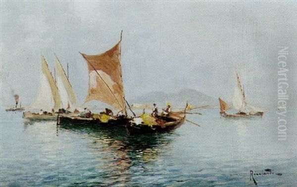 Fishing Boats In The Bay Of Naples Oil Painting by Oscar Ricciardi