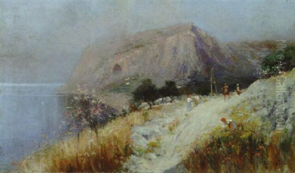 Villagers On A Mountain Path By The Sea Oil Painting by Oscar Ricciardi