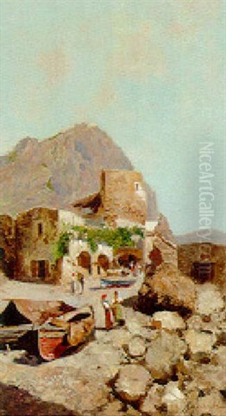 Figures On A Quay With A Villa Beyond Oil Painting by Oscar Ricciardi