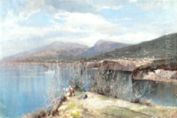 A View Of A Bay With Figures On An Outcrop Oil Painting by Oscar Ricciardi