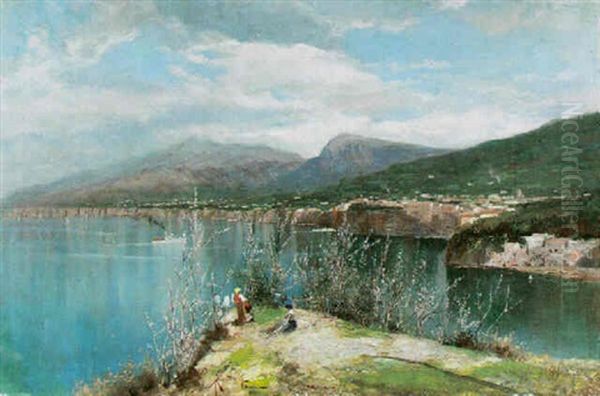 Village On An Italian Bay With Figures On An Outcrop Oil Painting by Oscar Ricciardi