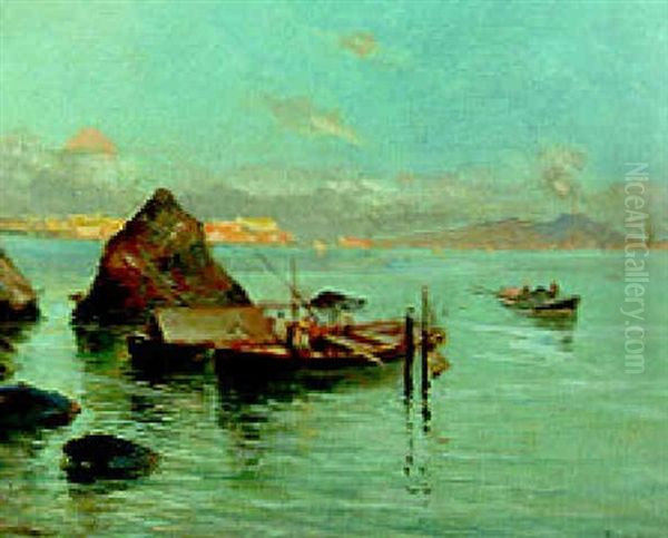 Fishing Boats In The Bay Of Naples With Vesuvius Beyond Oil Painting by Oscar Ricciardi