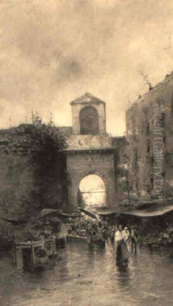 A Market Scene, Naples Oil Painting by Oscar Ricciardi