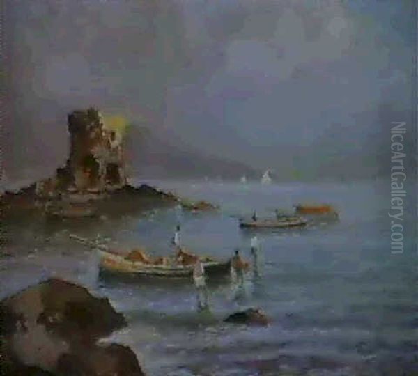 Fishermen In The Bay Of Naples Oil Painting by Oscar Ricciardi