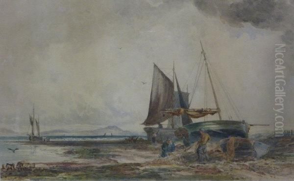 Fishing Boats On The Shoreline Oil Painting by Frederick William Booty