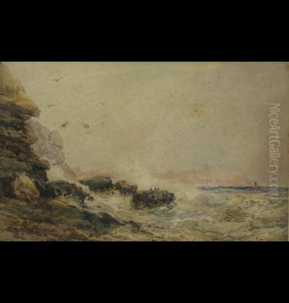 Scarborough, 
Rocky Coastal Scene With Rough Sea And Headland In The Distance Oil Painting by Frederick William Booty