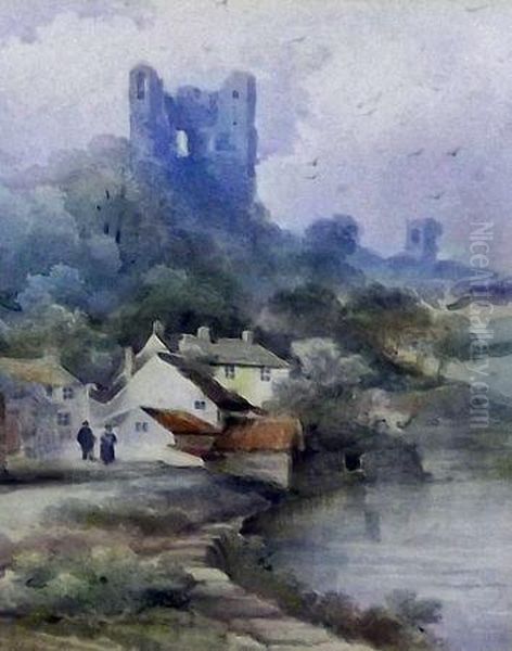 Riverside Village With Ruins Beyond Oil Painting by Frederick William Booty