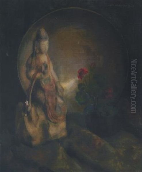 A Still Life With A Chinese Figure And A Geranium Oil Painting by John Hubbard Rich