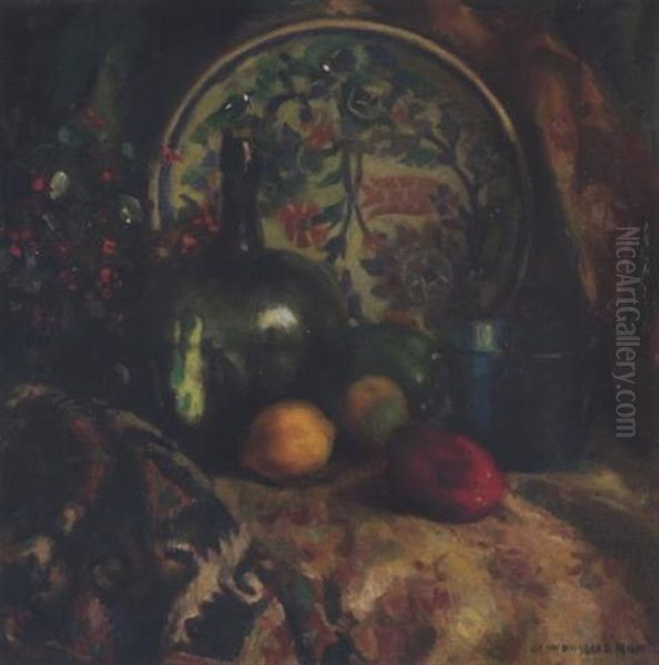 A Still Life With A Bowl, Fruit And A Bottle Oil Painting by John Hubbard Rich