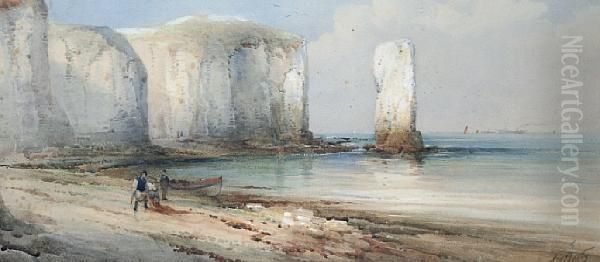 Needles, Isle Of White, Coastal Scene With Figures On The Shore Oil Painting by Frederick William Booty