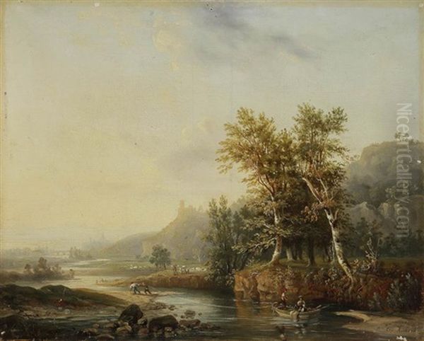 Paysage De Riviere Avec Des Pecheurs Oil Painting by Alexandre Louis Marie Theodore Richard