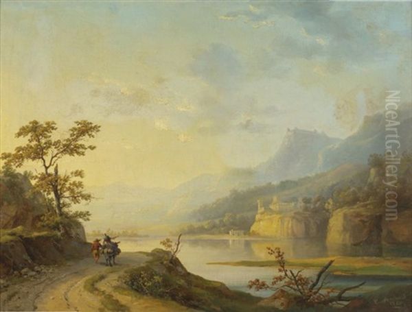 Paysage A La Riviere Avec Un Couple De Villageois En Chemin Oil Painting by Alexandre Louis Marie Theodore Richard