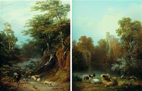 Paysan Et Son Troupeau Dans Un Chemin En Foret (+ Berger Et Son Troupeau Se Reposant Pres D'un Lac; Pair) Oil Painting by Alexandre Louis Marie Theodore Richard