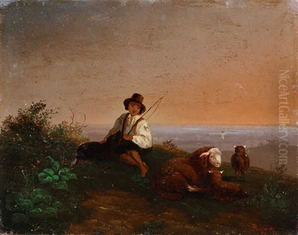 Schafer Mit Seiner Herde In Der Abenddammerung Oil Painting by Ernst Heinrich Richard