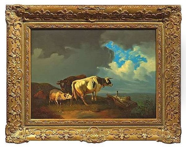 Ein Hirte Mit Seinen Tieren Auf Einer Anhohe, Unmittelbar Vor Einem Gewitter Oil Painting by Ernst Heinrich Richard