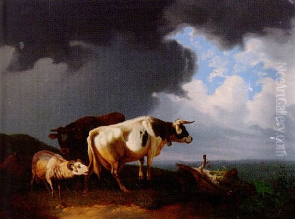 Kuh Und Schafe Vor Dem Gewitter Oil Painting by Ernst Heinrich Richard