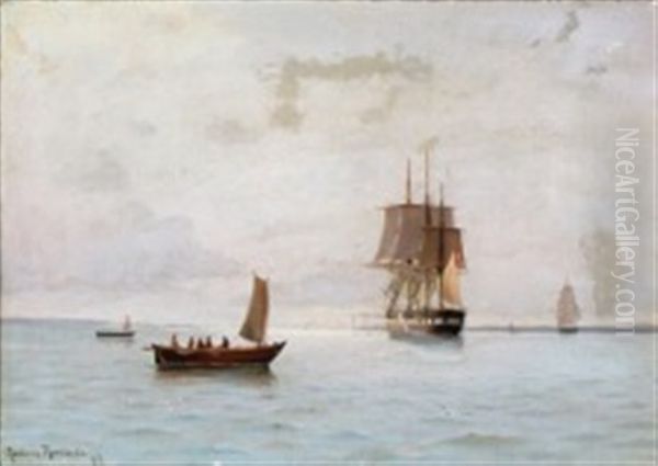 A Seascape With Two Frigates And Two Sailboats Oil Painting by Ludvig Otto Richarde