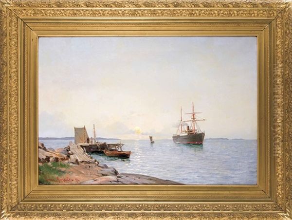 Einlaufender Segeldampfer Vor Sonnenuntergang Oil Painting by Ludvig Otto Richarde