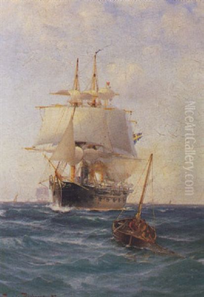 Marin Med Fullriggare Och Fiskebat Oil Painting by Ludvig Otto Richarde