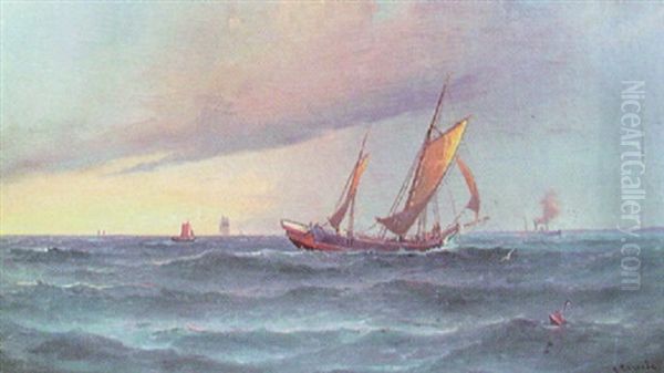 Marin Med Segelbatar Och Angfarty (raderstensstrand?) Oil Painting by Ludvig Otto Richarde