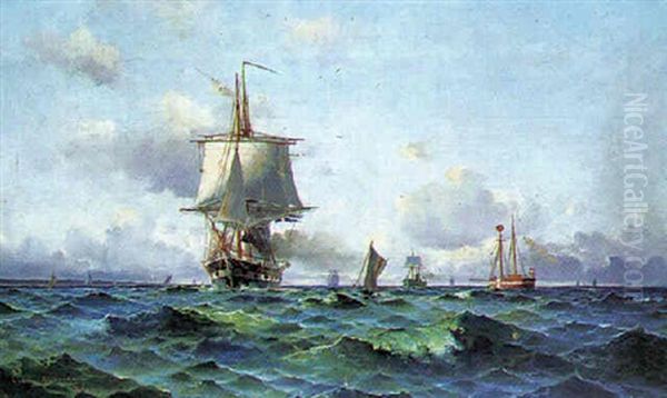 Marine Med Svensk Fregat Og Det Danske Fyrskib Absalon Oil Painting by Ludvig Otto Richarde