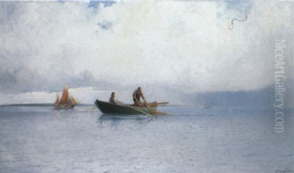 Marin Med Fiskare I Roddbat Oil Painting by Ludvig Otto Richarde