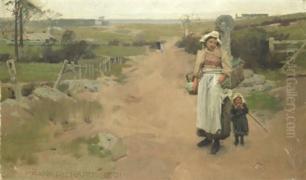 Mother And Daughter On A Country Lane Oil Painting by Frank Richards