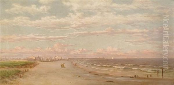 On The Beach, A City And Pier In The Distance Oil Painting by Frederick Debourg Richards