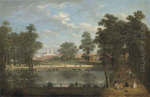 Rosamund's Pond, St. James's Park, London, With Westminster Abbey Beyond Oil Painting by John Inigo Richards