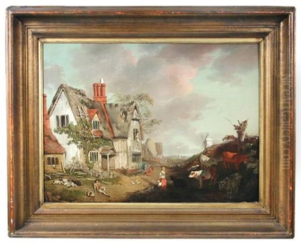 A Farmhouse And Yard Oil Painting by John Inigo Richards