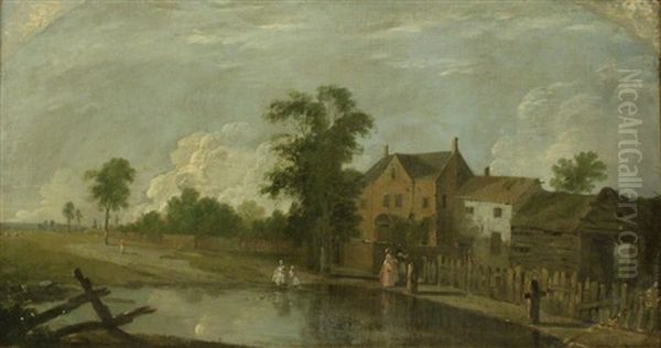 Farm Buildings With Figures By A Pond Oil Painting by John Inigo Richards