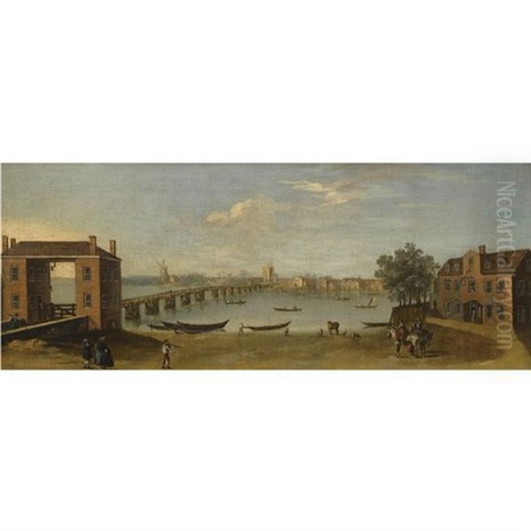 View Of The Thames At Putney Bridge (from The Fulham Bank, With The Swan Inn) Oil Painting by John Inigo Richards