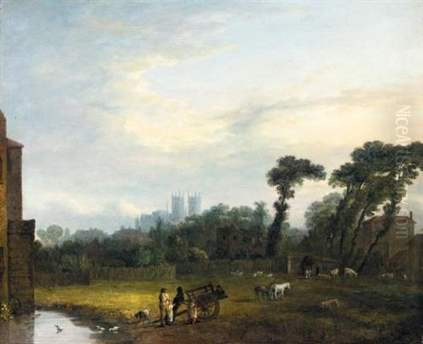 View Across Fields Looking Towards Westminster Abbey Oil Painting by John Inigo Richards