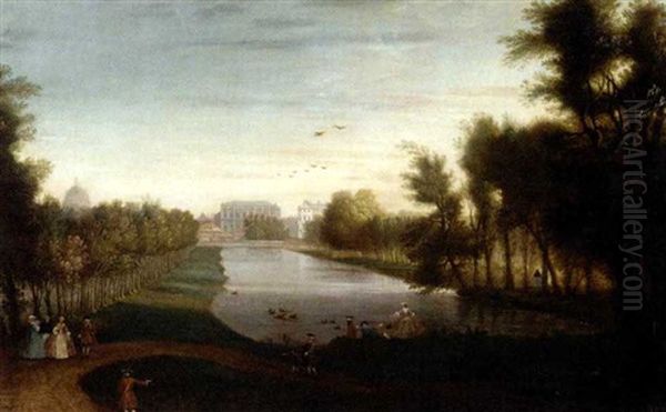 Figures Walking Beside A Lake, Possibly Rosamond's Pond In St James's Park Oil Painting by John Inigo Richards