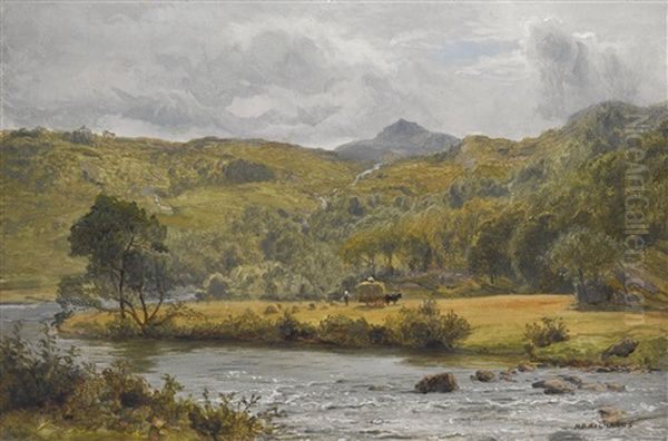 A River Landscape With Harvesters Oil Painting by Richard Peter Richards