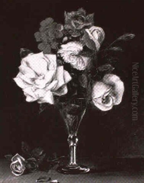 Roses In Crystal Goblet Oil Painting by Thomas Addison Richards