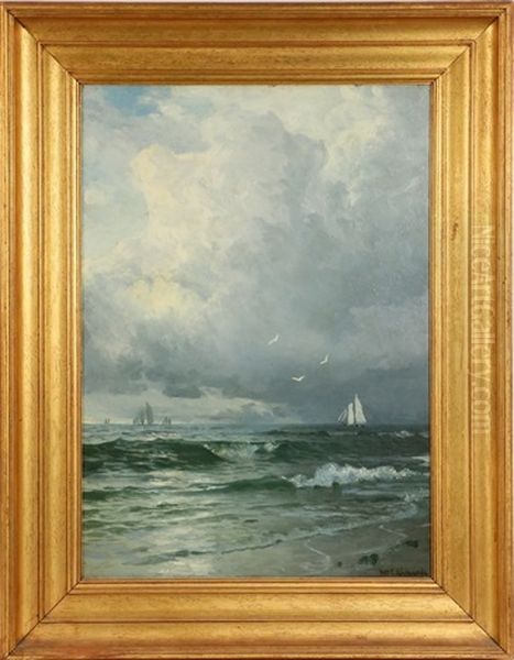 Stormy Sky With Coastal Schooners Passing Beach Oil Painting by William Trost Richards