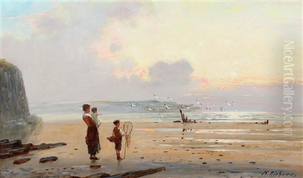 Junge Frau Mit Kindern An Einer Steilkuste Auf Das Meer Blickend Oil Painting by William Trost Richards