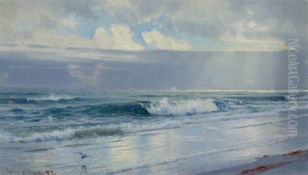 Crashing Waves Along The Seashore (off The Coast, Rhode Island) Oil Painting by William Trost Richards