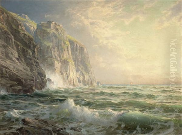 Rocky Cliff With Stormy Sea, Cornwall Oil Painting by William Trost Richards