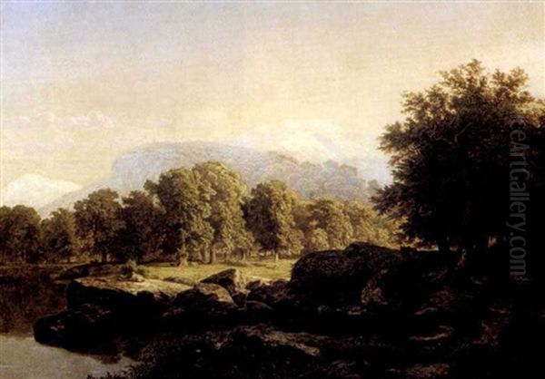 Paysage De Bord De Riviere Avec Une Montagne Enneigee Oil Painting by William Trost Richards